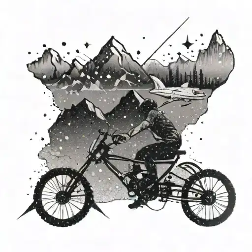 A Dotwork Design Of A Pisces Constellation Intertwined With A Mountain Range And A Bike Silhouette