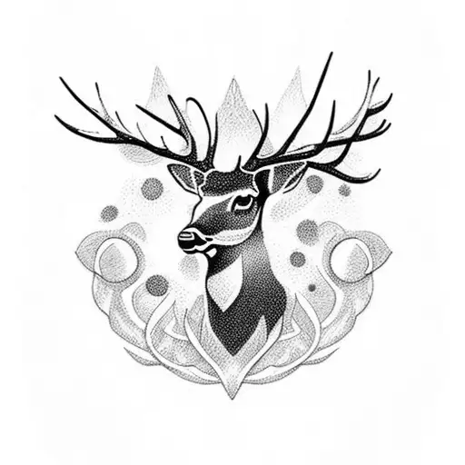 A Dotwork Tattoo Of A Deer Silhouette With Explosive Symbols In The Background