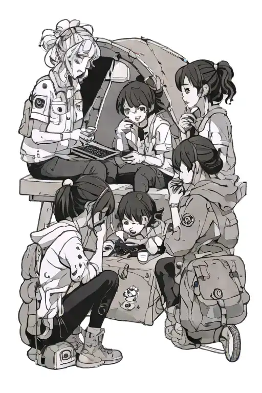 A Group Of Diverse Anime Girls Engaging In Various Leisure Activities Like Camping And Gaming