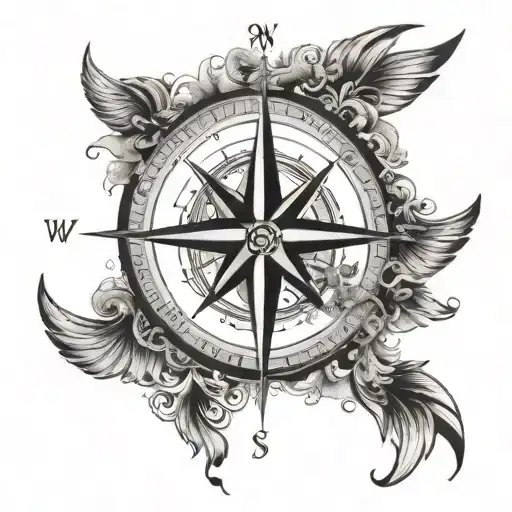 Design A Tattoo Of A Compass Rose With Wings Made Entirely Of Black