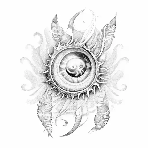 Seashell And Feathers With Sun In Background