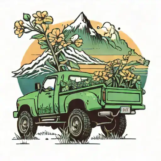 Green Truck With A Bed Full Of Flowers And Mountain In The Background With An Orange Sunset