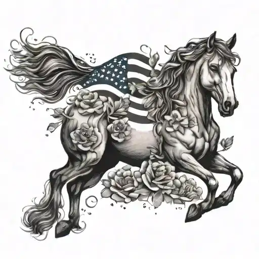 A Majestic Horse Surrounded By Blooming Flowers And American Flag Elements