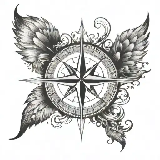 Design A Tattoo Of A Compass Rose With Wings Made Entirely Of Black