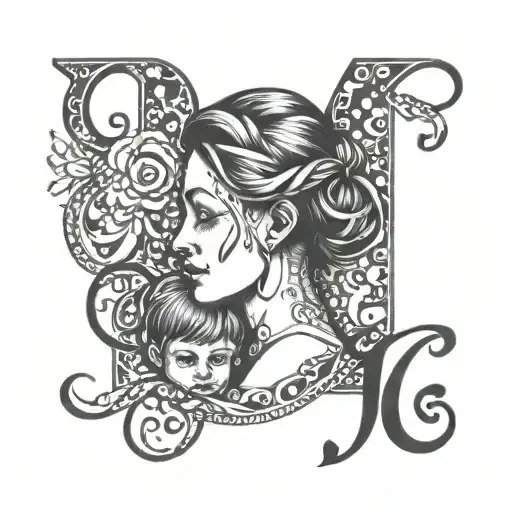 A Portrait Of A Mother With Her Children's Initials 'J' And 'Q' Intertwined In A Creative Way