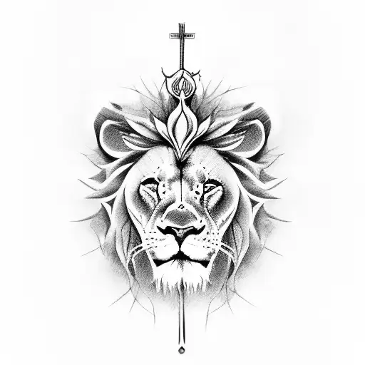 A Cross With A Rose A Crown Of Thorns And The Face Of A Lion