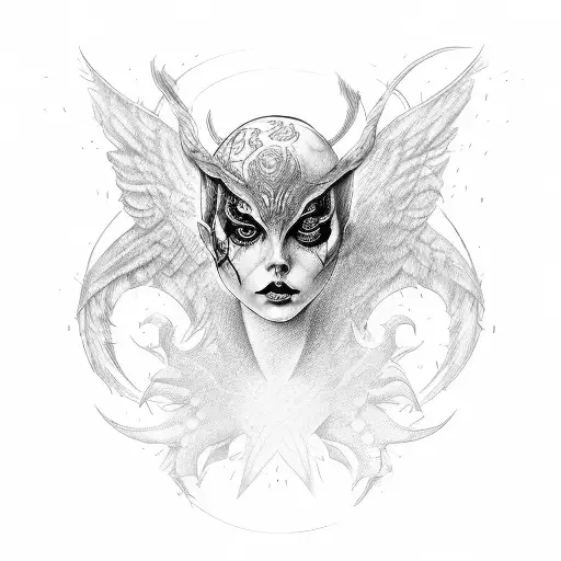 Generate Tattoo Girl Red Calelli Green Eyes And Devil And Angel Mask