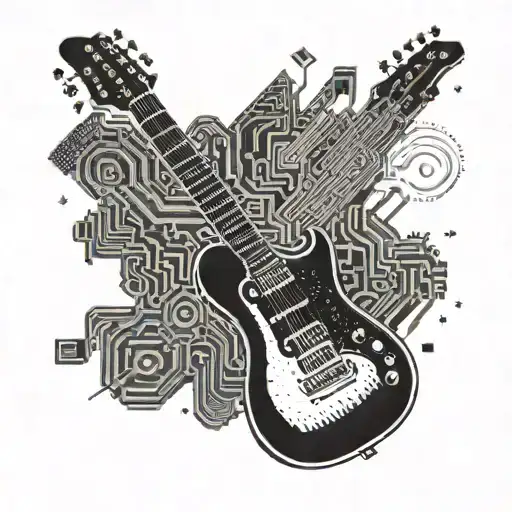 A Minimalist Tattoo Of An Electric Guitar With Coding Symbols As The Strings