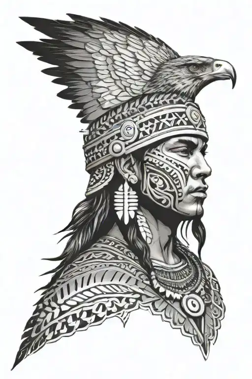 Face Of Indigenous Brazilian Warrior With A Hawk Behind And Tribal