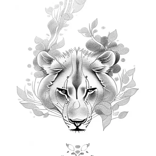 A Lioness And Her Cub Resting Under A Blossoming Tree