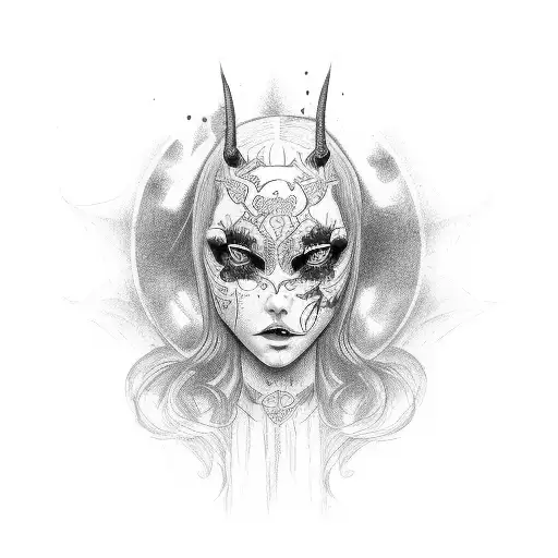Generate Tattoo Girl Red Hair Green Eyes And Devil And Angel Mask