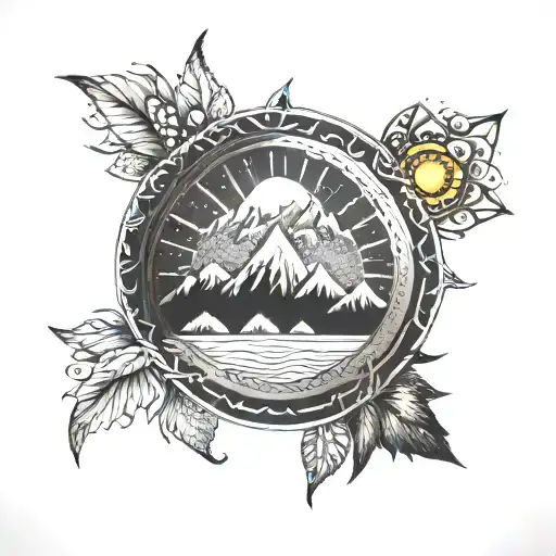 A Mandala Design Incorporating A Sun And Mountain Peaks