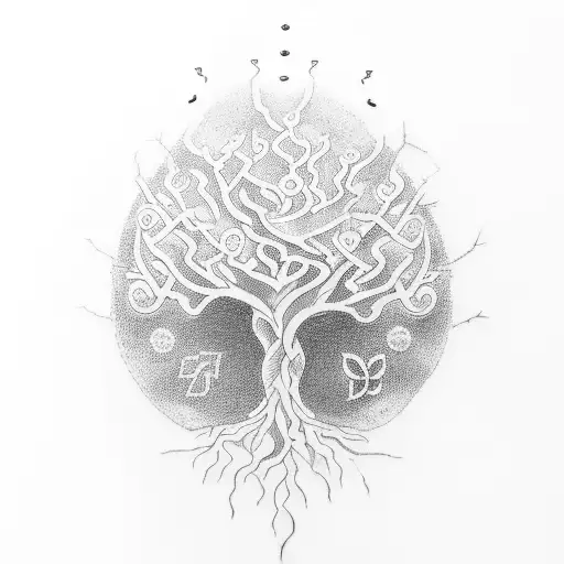 A Tattoo Of A Tree With Tastoo Symbols Forming The Roots
