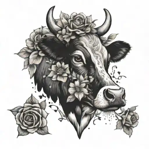 Cow And Flower Arrangement Inspired Tattoo Featuring