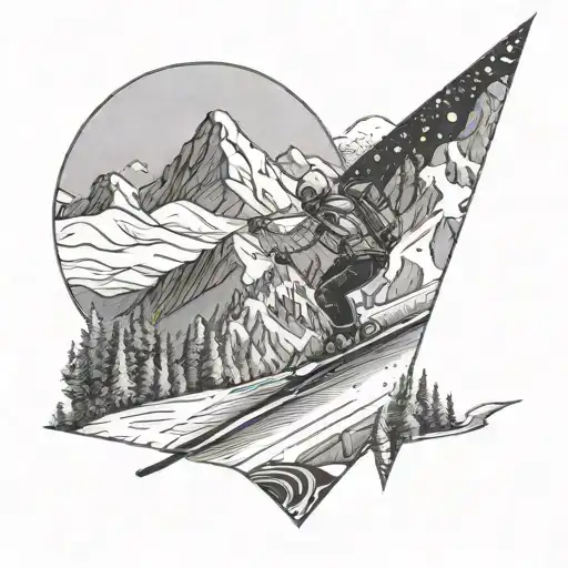 Skiing On A Skiing Slope In The Background Of Snowy Mountains And A Ski Resort