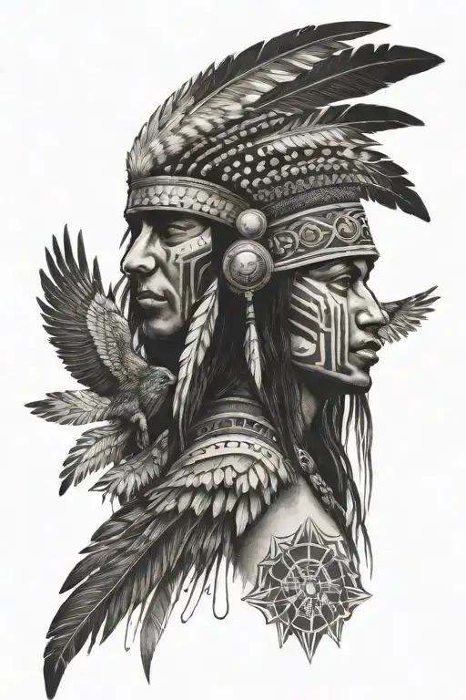 Indigenous Brazilian Warrior With Headdress And A Hawk Behind