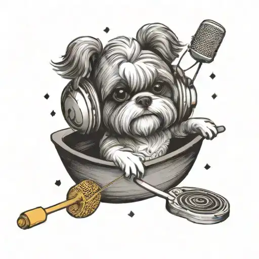 A Whimsical Illustration Of A Shih Tzu Dj Mixing Music On A Boat While Playing Squash
