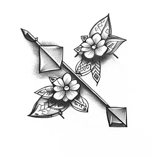 Straight Arrow With Three Small Flowers And Leaf Around The Arrow
