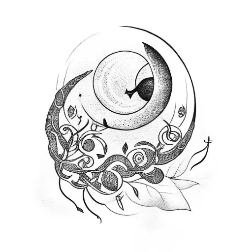 Crescent Moon With Vines And Bird