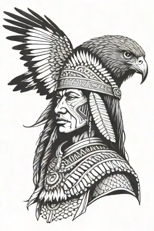 Indigenous Brazilian Warrior With Headdress And A Hawk In The Background