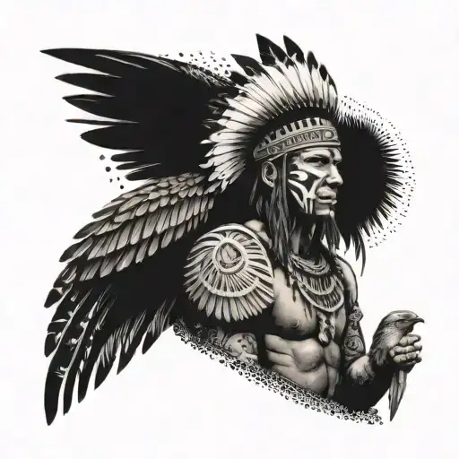 Indigenous Brazilian Warrior With Headdress And A Hawk In The Background