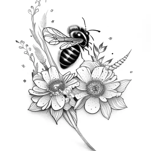 Feather With Flowers And Honey Bee