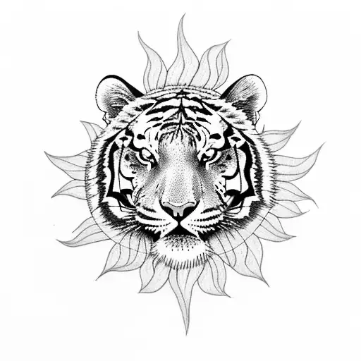 Tiger With Sun And Flowers