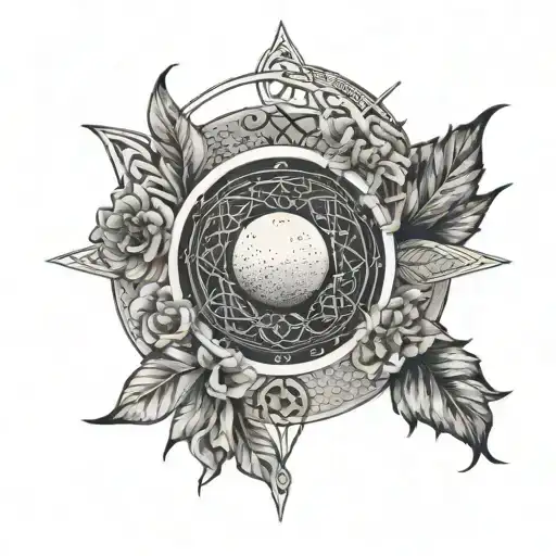 A Mystical Moon Phase Design With Celtic Symbols And Floral Elements Intertwined