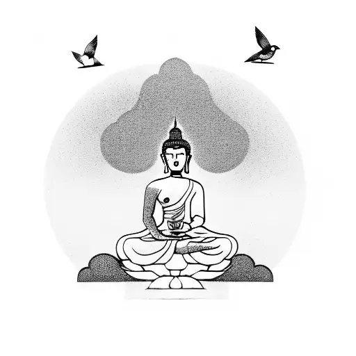 A Buddha Silhouette Meditating Under A Tree With Two Small Birds Flying Above