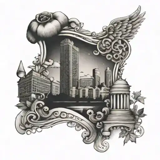 A Detailed Rib Cage Tattoo Featuring Iconic Memphis Landmarks Like Graceland And Beale Street