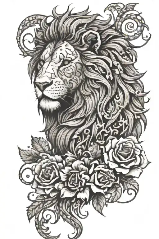 A Detailed Lion's Head With A Mane Made Of Intricate Leo Zodiac Symbols And Roses Intertwined