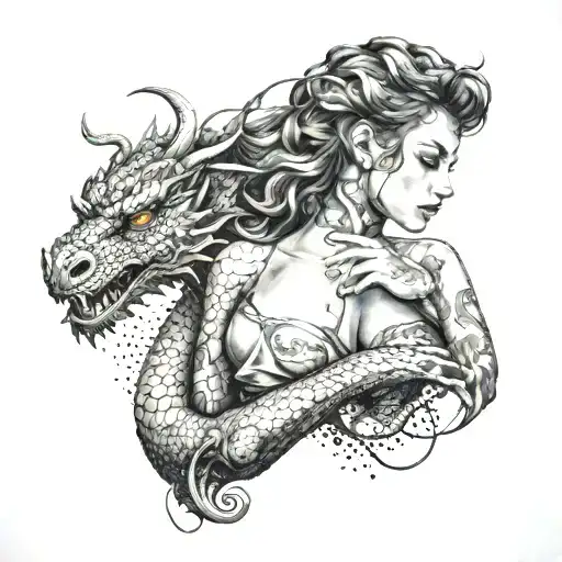Sexy Woman Posing With Dragon Emerging