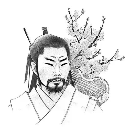 A Samurai Warrior Playing A Musical Instrument Surrounded By Blooming Cherry Blossom Trees