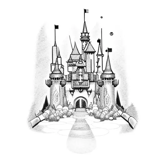 A Dotwork Tattoo Of A Disney Castle Surrounded By A Garden Full Of Magical Plants