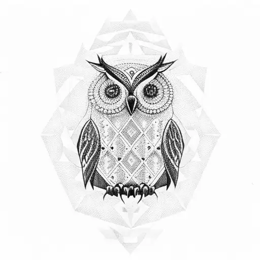 A Dotwork Owl With Geometric Patterns Perched On A Marble Column