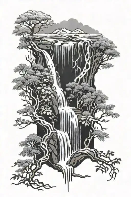 Waterfall With Fox Shadow And Roots Coming From The Ground