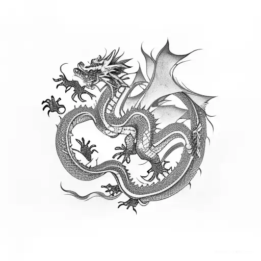 Chinese Dragon Fighting Lion In Front Of Holly Bush