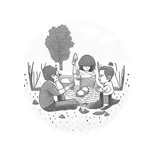 A Dotwork Illustration Of Your Family Enjoying A Picnic Near A Soccer Field