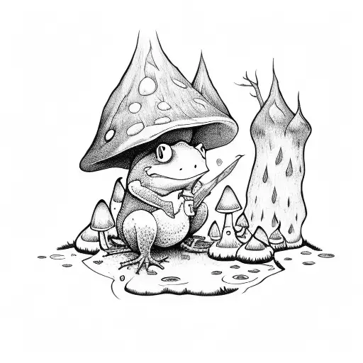 Wizard Sitting In A Forest On A Log With Mushrooms Growing Around Him And A Frog Companion