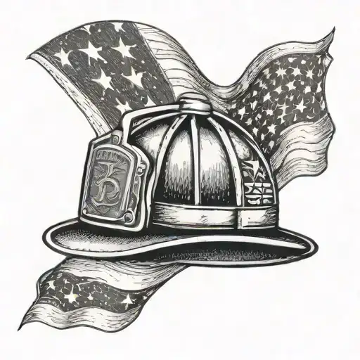 A Firefighter's Helmet With The American Flag Waving In The Background In A Dotwork Style