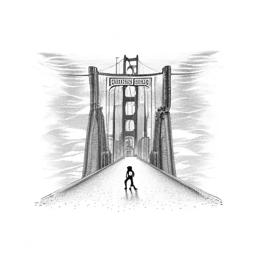 Road To Riches Sign With Broken House Lost Boy Walking On Golden Gate Bridge Infront Of City