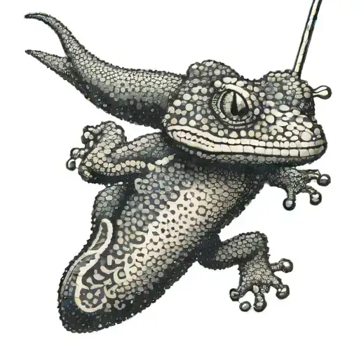 A Stylized Gecko With A Fishing Rod Weaving Through Its Tail