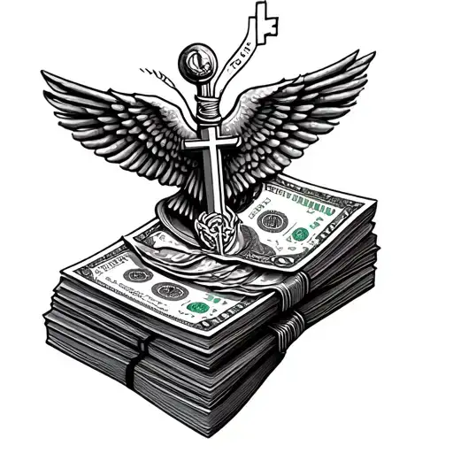 A Tattoo Of A Stack Of Money With Religious Symbols And Y2k Graphics Intertwined