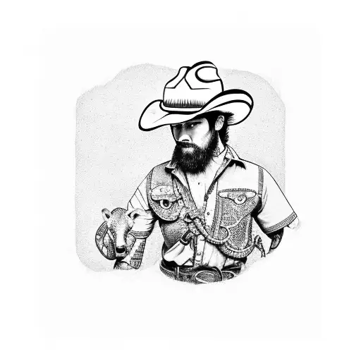 A Dotwork Tattoo Of A Cowboy Construction Worker With Animal Companions