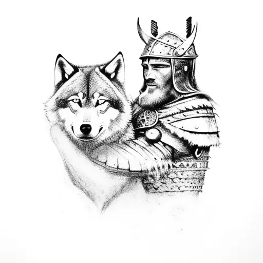Viking Warrior Embracing A Wolf As They Stand On A Mountaintop Overlooking A Vast Wilderness