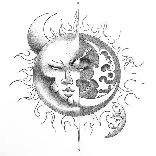 Sun And Moon With Wind And Rain Surrounding Them