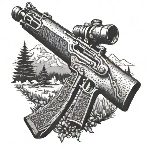 A Dotwork Design Of A Vintage Rifle Hanging On A Cabin Wall In A Mountain Landscape
