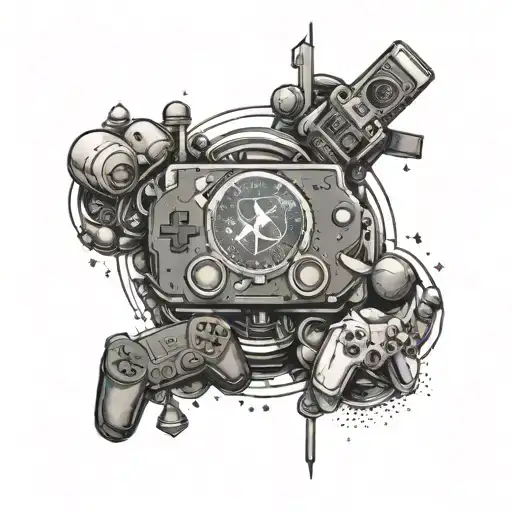 A Video Game-themed Tattoo Featuring Iconic Playstation Symbols And Space Painting Elements