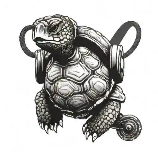 A Turtle Wearing Headphones Listening To Music While Hiking Up A Mountain