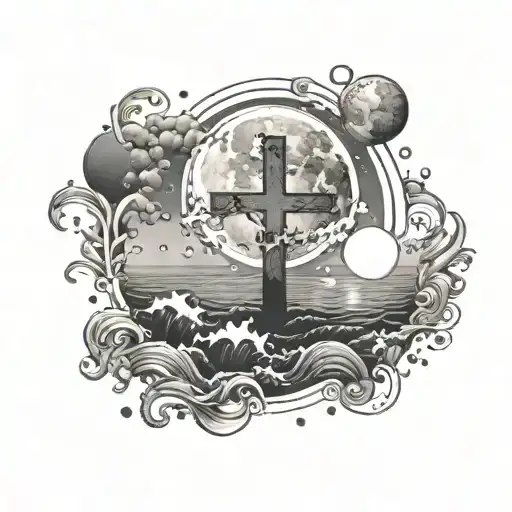 Ocean W Full Moon Rising And A Cross